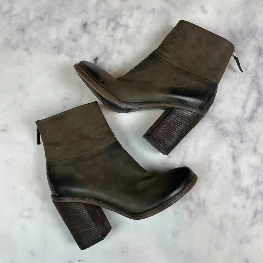 Marsell Bolla Brown Leather Ankle Boots Distressed Zip Back Block Heel Sz 39.5